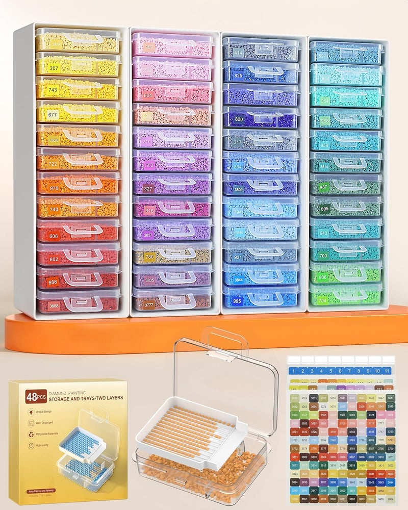 Redtwo 48pcs Diamond Painting Storage Containers Trays with Two Layers, 3-in-1 Diamond Painting Trays with Lids, Diamond Art Accessories, Diamond Art Drills Storage & Line-Up - Image 1